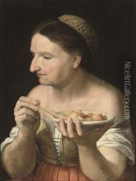 A Peasant Woman Eating Oil Painting - Lodovico Carracci