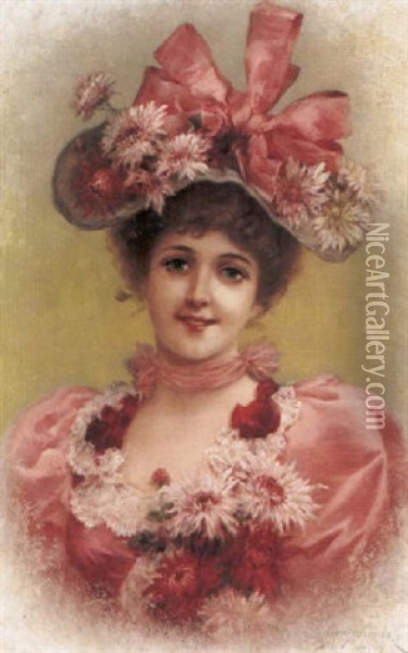 Elegant Lady With Pink Ribbons Oil Painting - Emile Eisman-Semenowsky