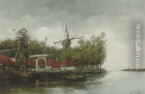 Hollandsk Kanalparti Oil Painting - Hermanus Koekkoek the Younger
