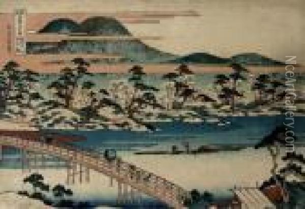 The Crossing-moon Bridge At Arashiyama In Yamashiro Province Oil Painting - Katsushika Hokusai