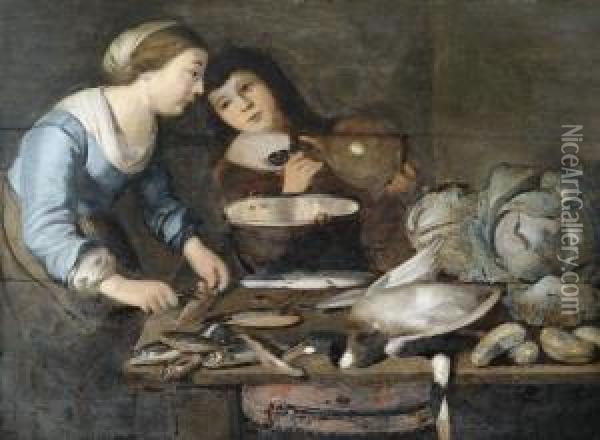 Kucheninterieur Mit Einem Gesindepaar Bei Der Verarbeitung Von Fischen Oil Painting - Pieter Cornelisz. Van Ryck