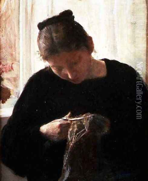 A Woman Sewing Oil Painting - Carl Vilhelm Holsoe