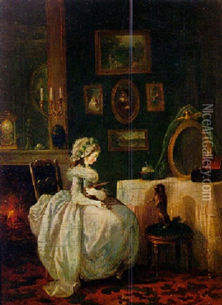 A Young Lady At Her Dressing Table With A Dog Oil Painting - Jean-Frederic Schall