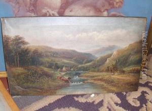 Cattle Watering At A Mountain Stream,
Stapleton, Near Presteigne, Powys Oil Painting - Henry Harris