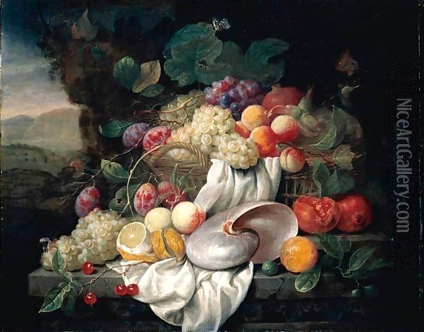Still Life With Grapes, Plums, Apricots And A Pomegranate In A Basket, Together With Other Fruits And A Nautilus Shell On A Stone Ledge Oil Painting - Joris Van Son