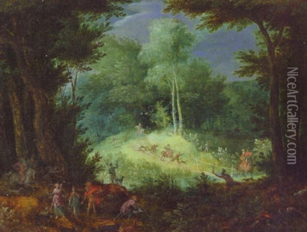 A Wooded Landscape With A Hunting Party Oil Painting - Pieter Schoubroeck