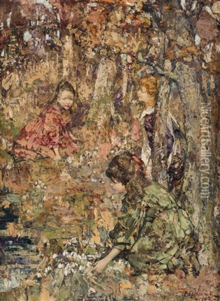 Three Girls Picking Snow Drops Oil Painting - Edward Atkinson Hornel