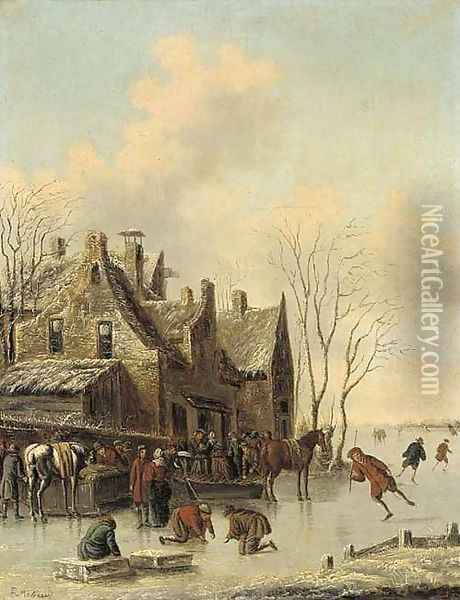 A frozen river by a town with skaters and townsfolk Oil Painting - Claes Molenaar (see Molenaer)