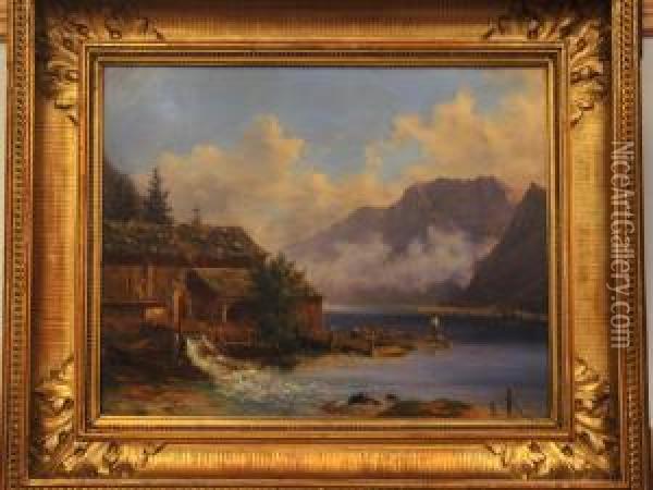 Austrian Lake Scene With Fisherman Oil Painting - Edmund Mahlknecht