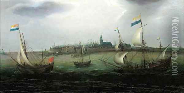 Shipping on the Schelde with Vlissingen in the distance Oil Painting - Hendrick Cornelisz. Vroom