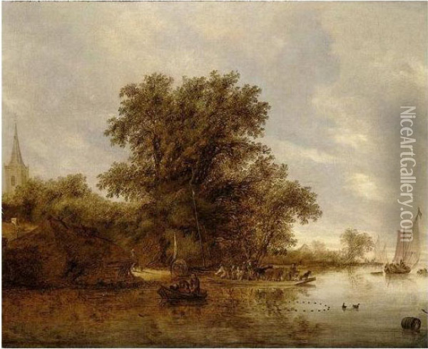 A River Landscape With Figures Crossing In A Ferry Before A Church Oil Painting - Salomon van Ruysdael
