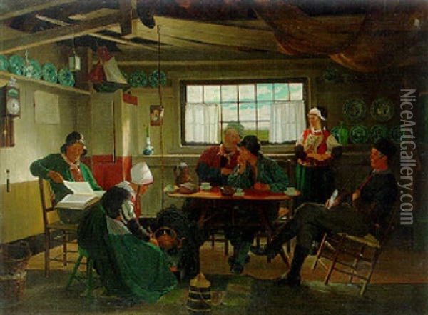 Quiet Times: A Fisher's Family From Marken Gathered Around A Table In An Interior Oil Painting - Felix Cogen