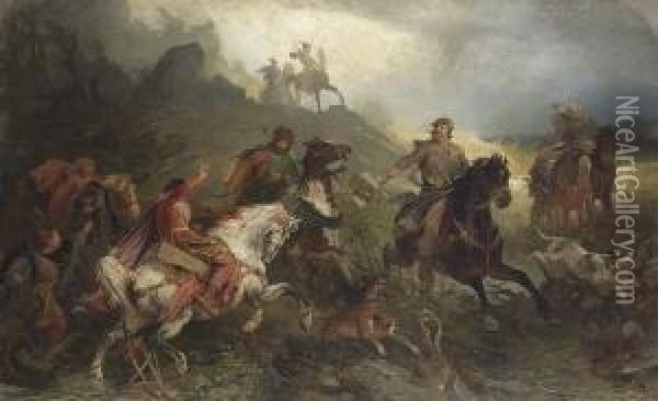 Mittelalterliche
 Reiterjagd. Oil Painting - Woldemar Friedrich