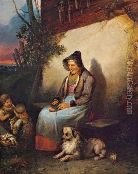 Grosmutter Mit Spielenden Kindern Und Hund Oil Painting - Johann Matthias Ranftl