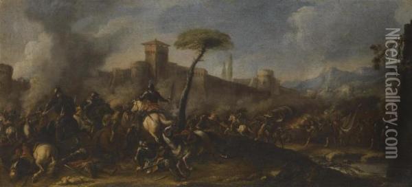 A Battle Scene Before A Fortified Town Oil Painting - Guglielmo Cortese Il Borgognone