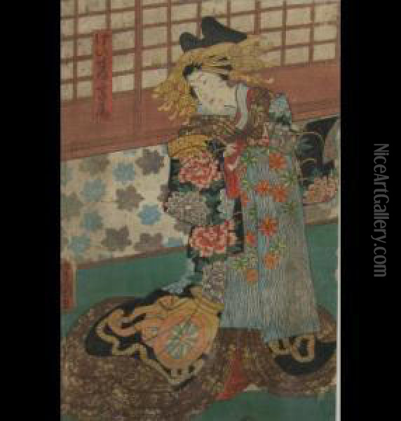 Study Of A Youngbeauty In A Kimono Oil Painting - Utagawa Toyokuni Iii