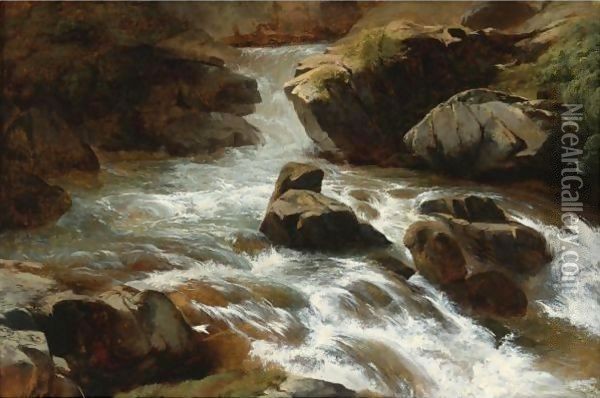 A Rocky Stream With Rapids Oil Painting - Alexandre Calame