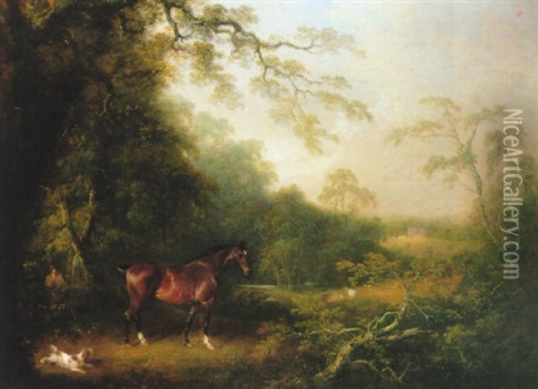 A Chestnut Stallion And A Spaniel In A Landscape, With A Country House Beyond Oil Painting - Charles Henry Schwanfelder