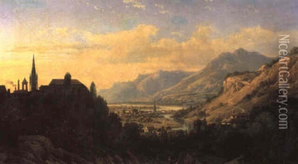 Blick Auf Ein Stadtchen In Sudtirol (klausen?) Oil Painting - Charles Euphrasie Kuwasseg