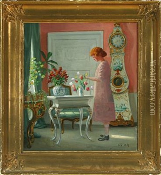 Interior With A Woman Oil Painting - Adolf Heinrich Claus Hansen