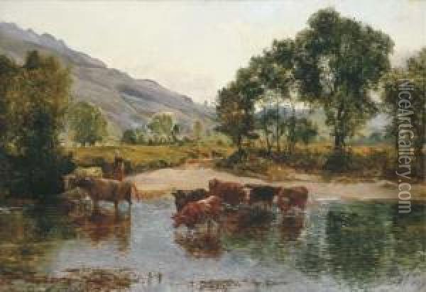 River Landscape With Cattle At A Ford Oil Painting - Alexander Jnr. Fraser