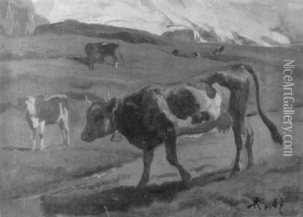 Gebirgslandschaft Mit Kuhen Auf Der Alp Oil Painting - Rudolf Tschan