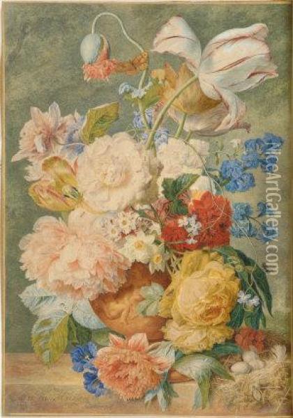 Flowers In A Terracotta Vase On A Marble Ledge Oil Painting - Jan Van Huysum