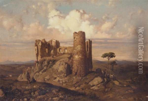 Figures Among Ruins With An Extensive Mountainous Landscape Beyond Oil Painting - Ramon Marti Alsina