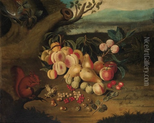 A Red Squirrel Holding A Nut, With Apples, Pears, Cherries, Plums, Gooseberries, Currents And Hazelnuts, In A Wooded Clearing Oil Painting - Jakob Bogdani