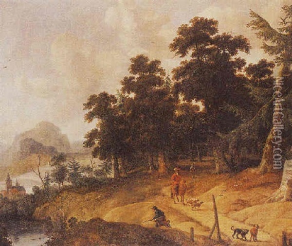 A Wooded Landscape With Huntsmen On A Path, A View Of A River And Mountains Beyond Oil Painting - Jan Looten