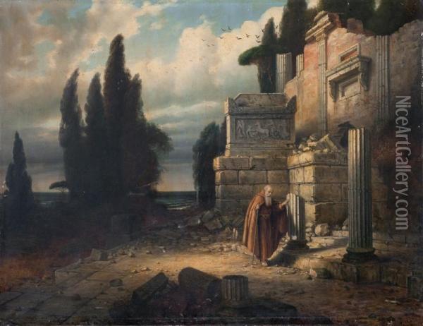 Monje En Templo Romano Oil Painting - Constantin Holscher