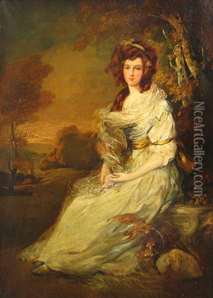 A Portrait Of A Lady Seated In Alandscape Oil Painting - Thomas Gainsborough