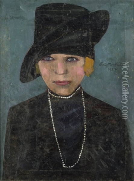 Junge, Rotblonde Frau In Schwarz Mit Hut Und Perlenkette Oil Painting - Felix Nussbaum