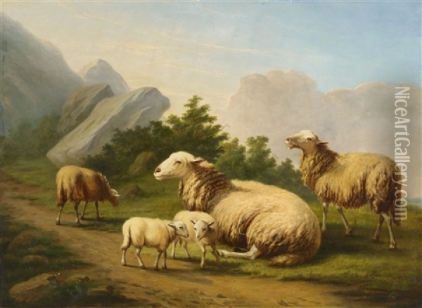 Sheep In A Mountainous Landscape Oil Painting - Eugene Verboeckhoven
