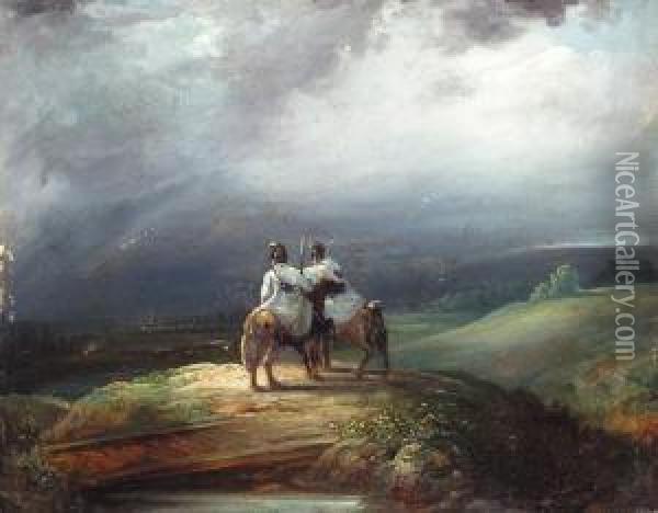 Zwei Kavalleristen In Abendlicher Landschaft Oil Painting - Johann Baptist Seele