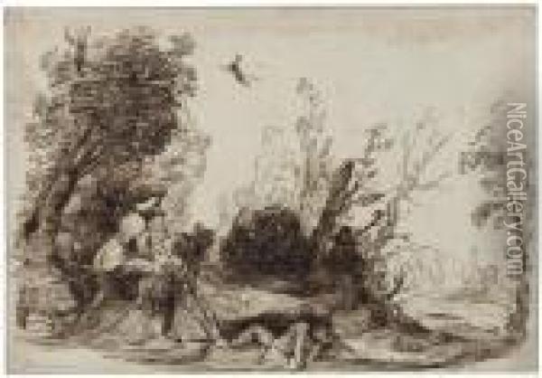 Two Men Digging A Grave By A Clump Of Trees Oil Painting - Guercino