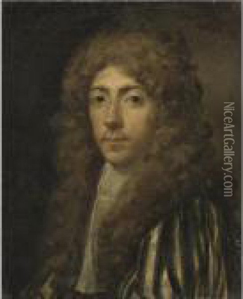 Portrait Of A Gentleman, Head And Shoulders, Wearing A Striped Doublet Oil Painting - William Wissing or Wissmig