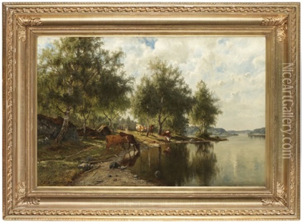 Sommarlandskap Med Kor Oil Painting - Edward (Johan-Edvard) Bergh