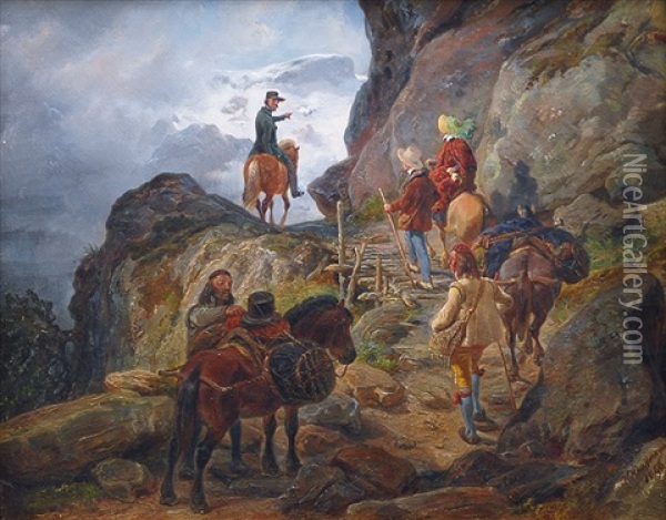 Group Of Travellers In The Mountains Oil Painting - Hermann Kauffmann the Elder
