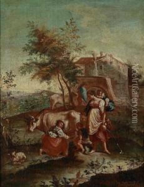 Coppia Di Paesaggi Con Figure Di Pastori Oil Painting - Bartolomeo Pedon