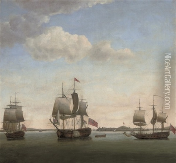 Commodore James In The Protector, With The Revenge And The Grab Bombay Oil Painting - Francis Holman
