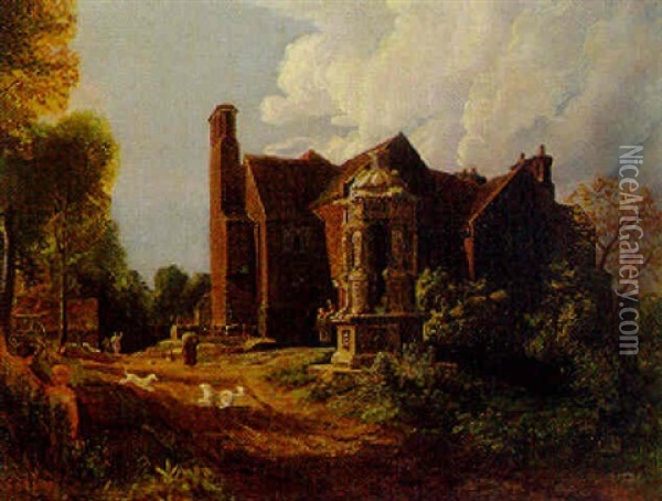 A Old Fountain Head And Farmhouse At Pepper Hill, Staffordshire, Belonging To Sir George Piggott, Bart Oil Painting - Cornelius Varley