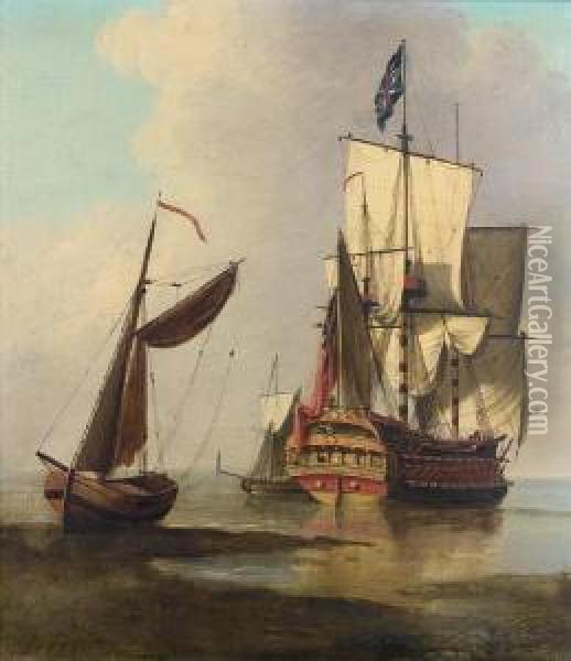 A Fourth Rate Of The Royal Navy Oil Painting - Samuel Scott
