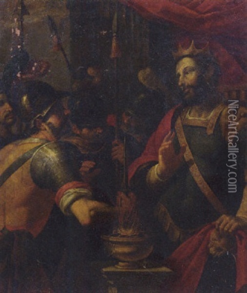 Mucius Scaevola Showing His Intrepidity Before King Porsena Oil Painting - Adam van Noort the Elder