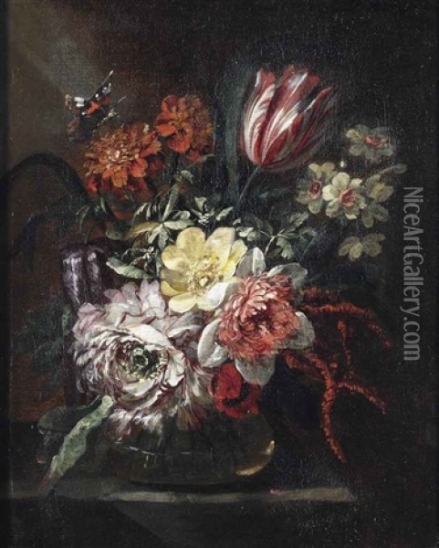 A Tulip, Roses, Daffodils And Other Flowers In A Glass Vase, A Butterfly Above, All On A Partially Draped Table Oil Painting - Jean-Baptiste Morel