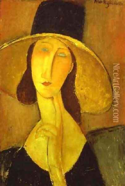 Portrait Of Woman In Hat Jeanne Hebuterne In Large Hat Oil Painting - Amedeo Modigliani