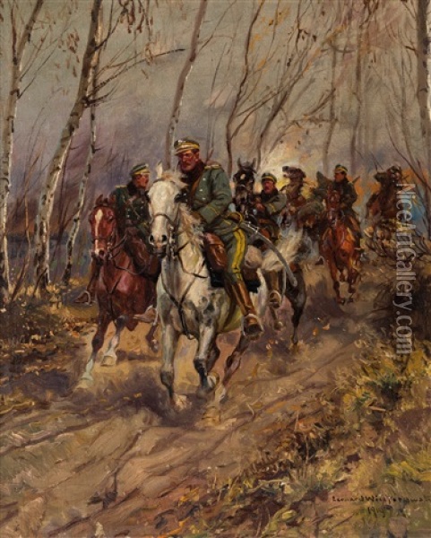 Uhlans Galloping Through Forest Oil Painting - Leonard Winterowski