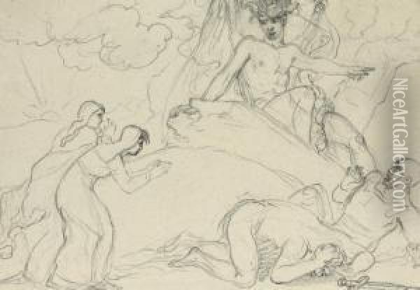 Two Studies Of The Angel At The Sepulchre Announcing The Resurrection To The Three Marys, One With A Nude Figure Study For The Angel (
Verso
); And Study For The Entombment Oil Painting - Raphael Lamarr West
