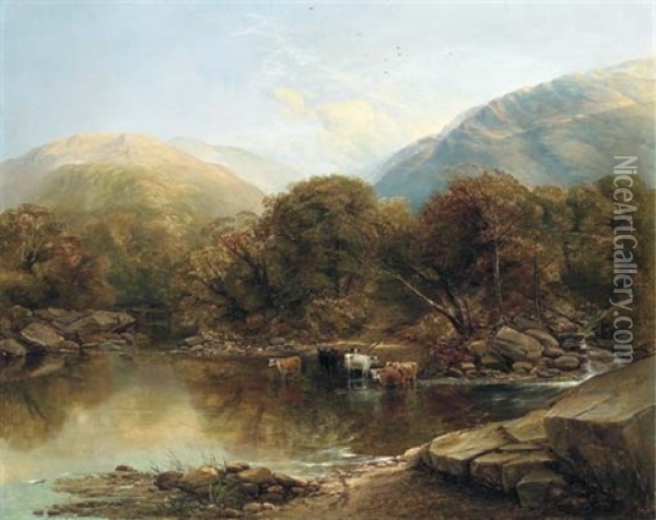 Afternoon: Cattle Watering By A Lake In A Mountainous Wooded Landscape Oil Painting - Thomas Creswick