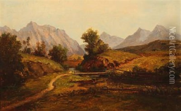 Hilly Landscape With Mountains In The Background Oil Painting - Frederik Christian Jacobsen Kiaerskou